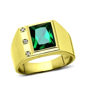 Mens Solid 18K Gold Green Emerald Ring 0.06ct Natural Diamonds Fine Ring for Man