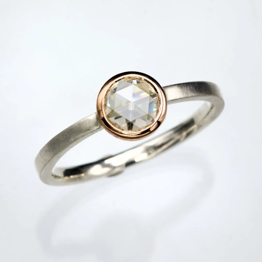 Mixed Metal Bezel Set Rose Cut Moissanite Solitaire Engagement Stacking Ring