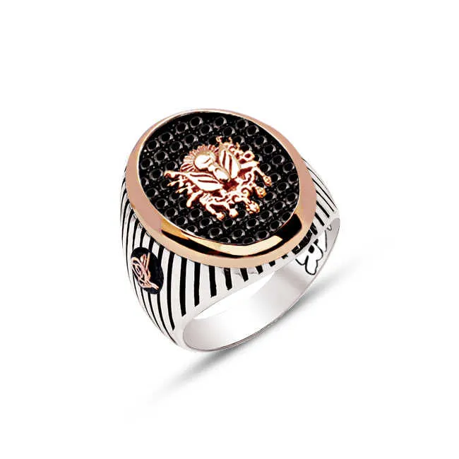 Ottoman Coat of Arms on Black Zircon Stones Ellipse Silver Men’s Ring Siding Striped Pattern and Ottoman Tughra