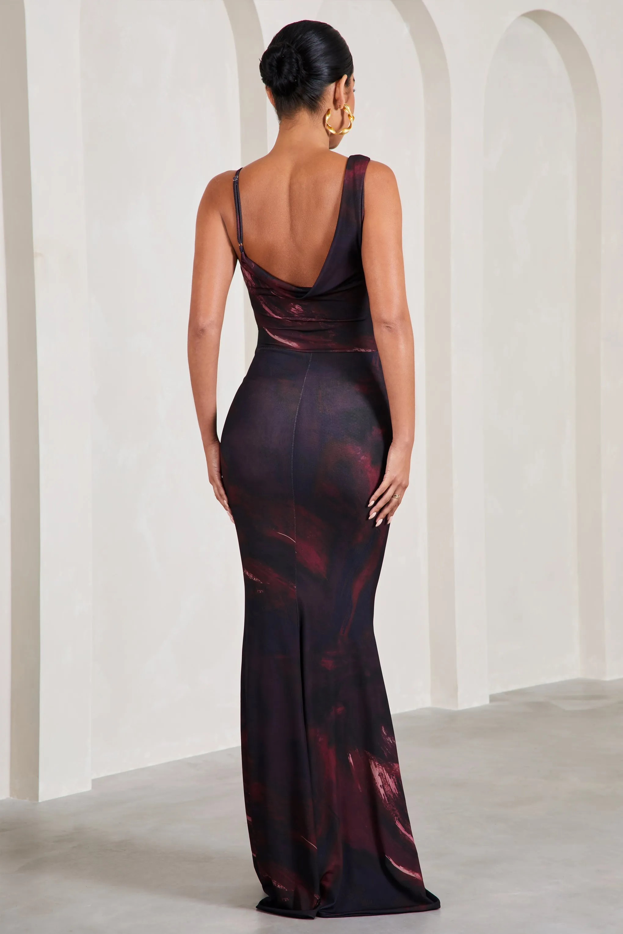 Phantasy | Plum Print Asymmetric Neckline Cowl Maxi Dress