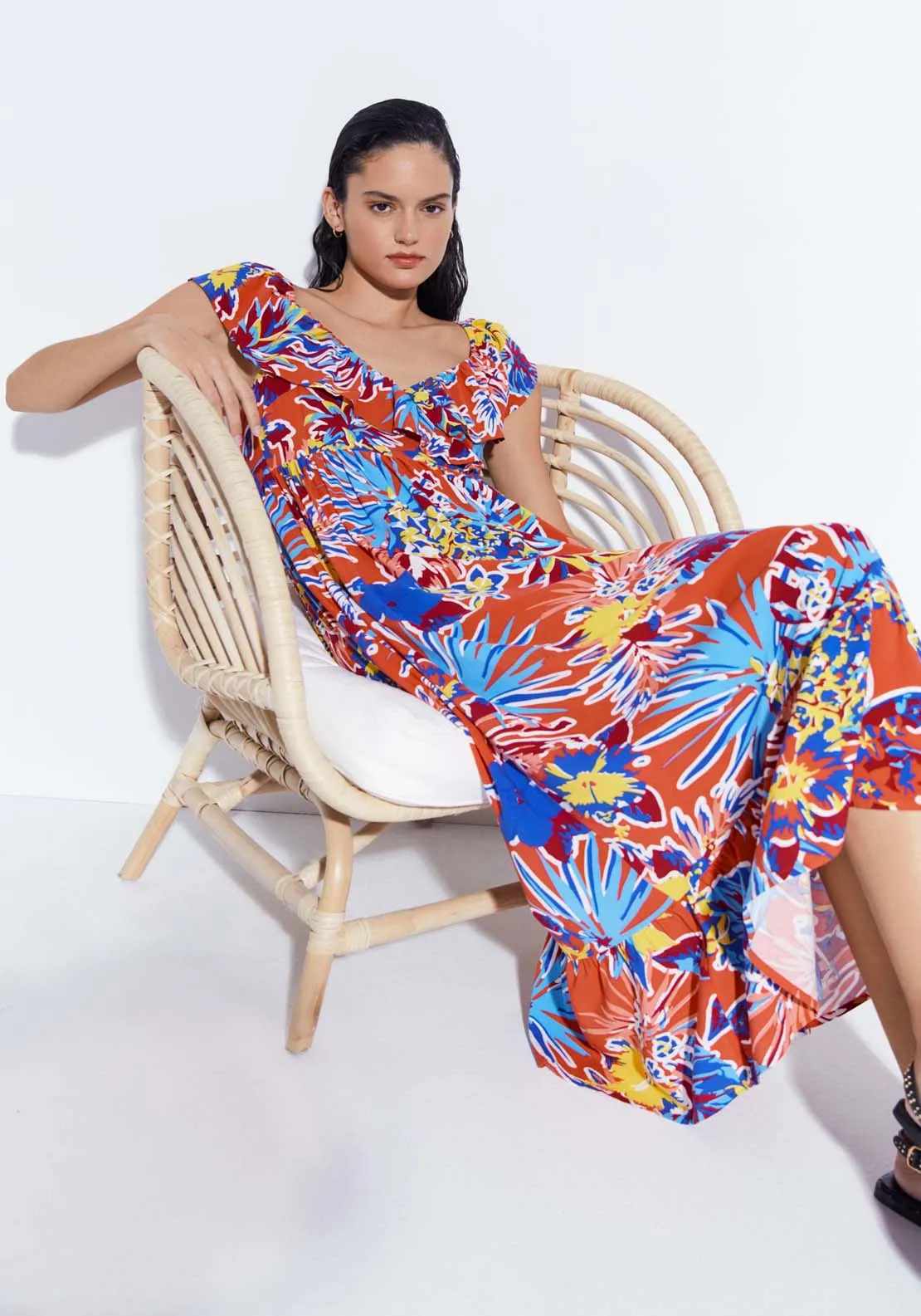 Printed Ruffle Midi Dress