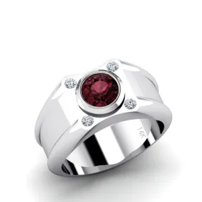 Red Ruby and 4 Natural Diamonds 14k Solid Gold Gemstone Mens Band Ring