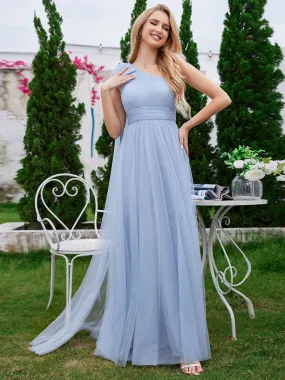 Romantic One Shoulder Bowknot Streamer Tulle A-Line Bridesmaid Dress