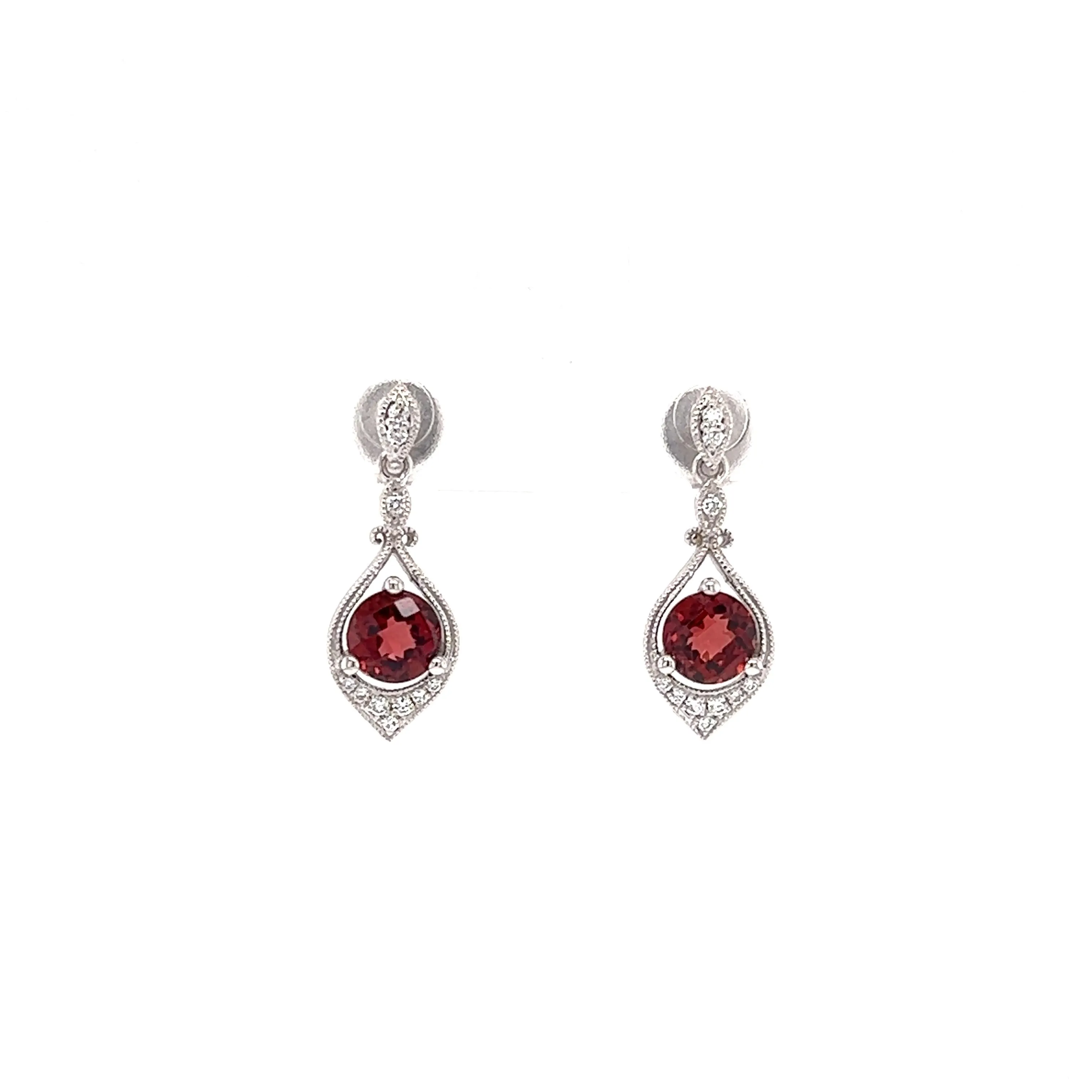 Round Garnet Drop Earrings with Twenty Diamonds in 14K Yellow Gold