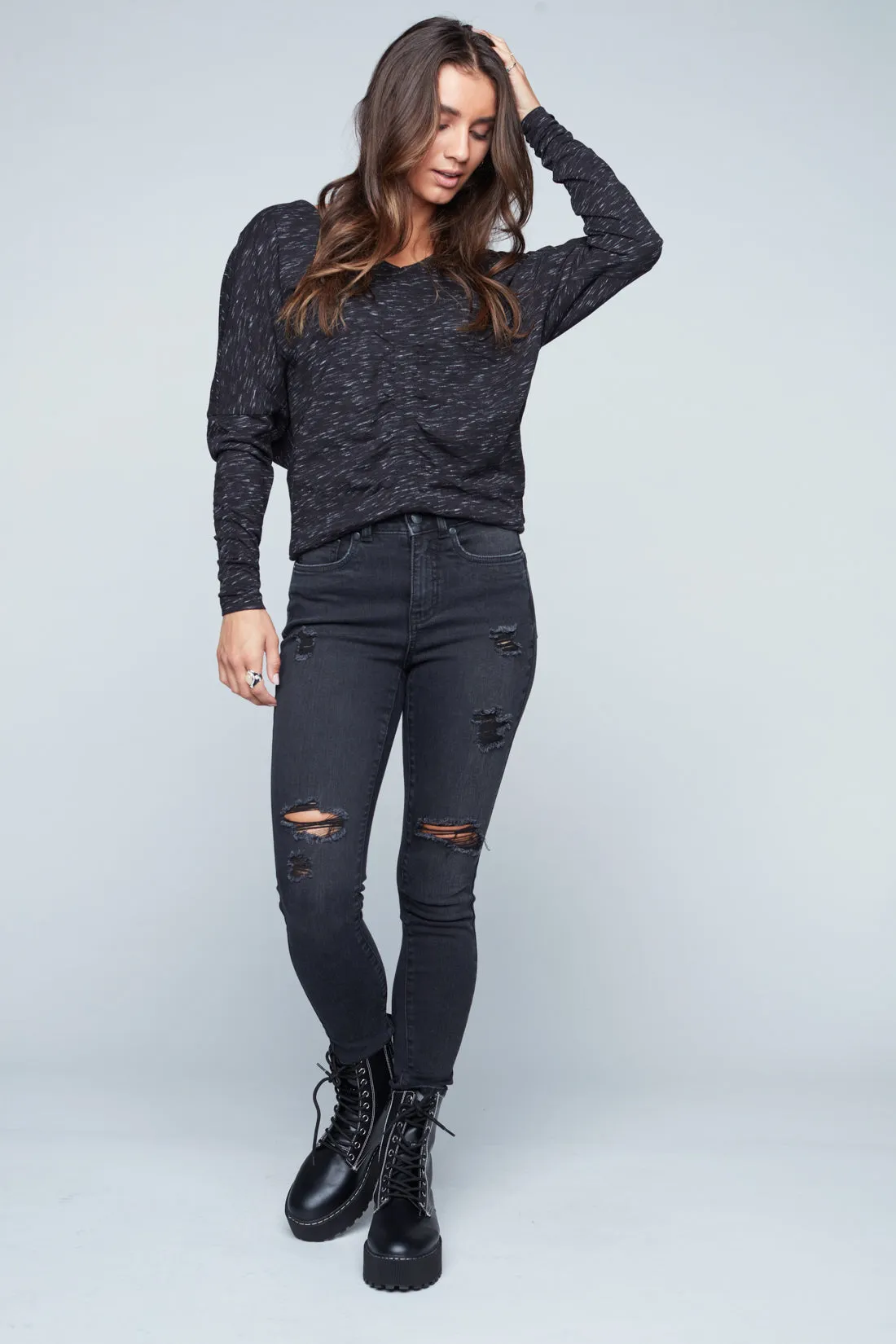 Ruched V-Neck Dolman Top - Black Mix