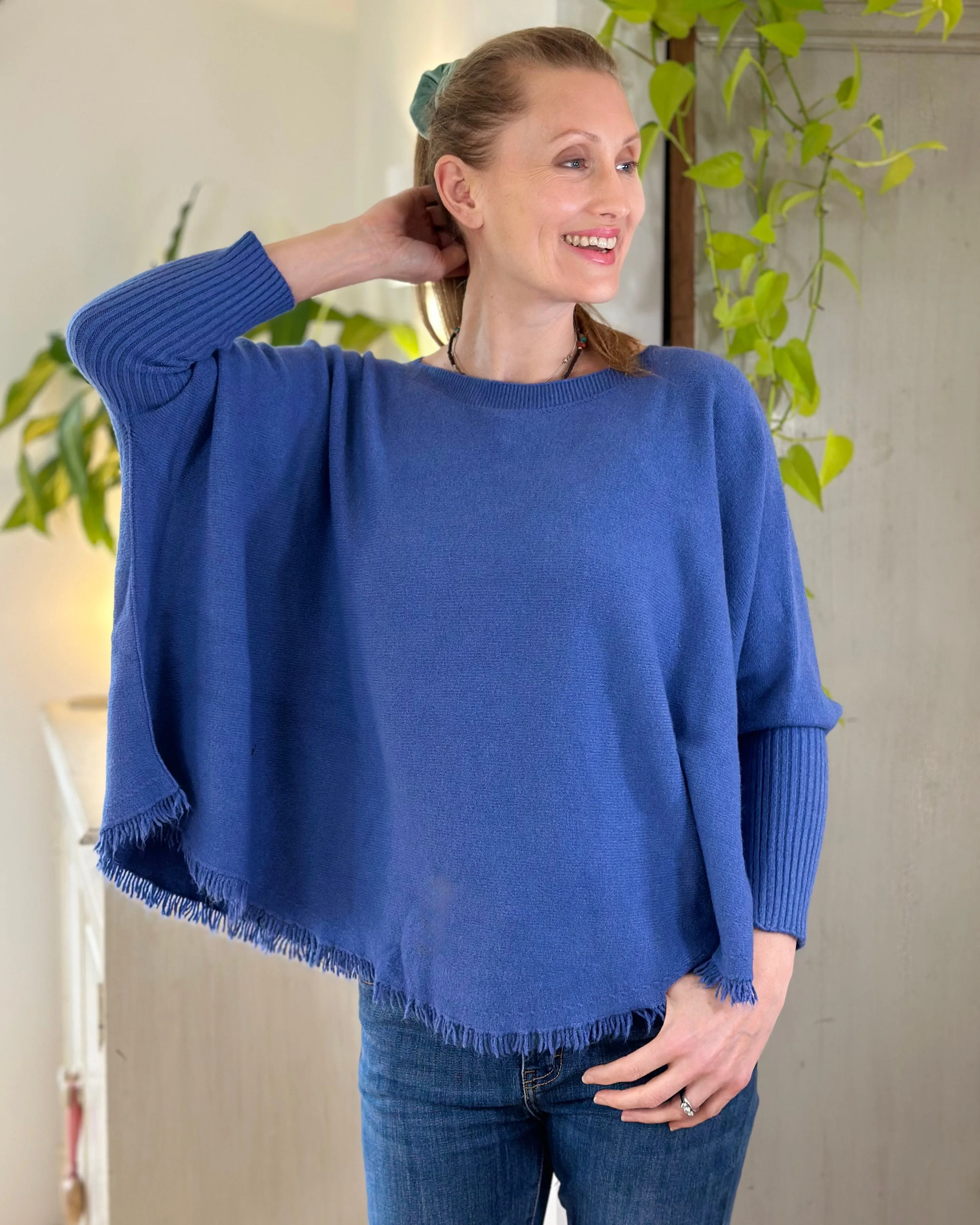 Slash Neck Fringed Poncho Jumper - Marine blue