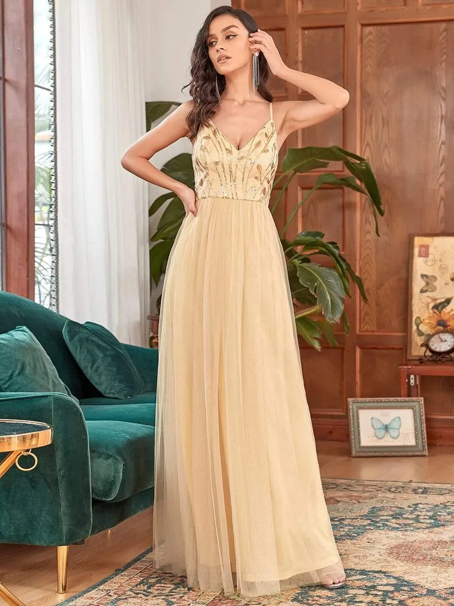 Soft Spaghetti Straps V-Neck Embroidery Evening Dress