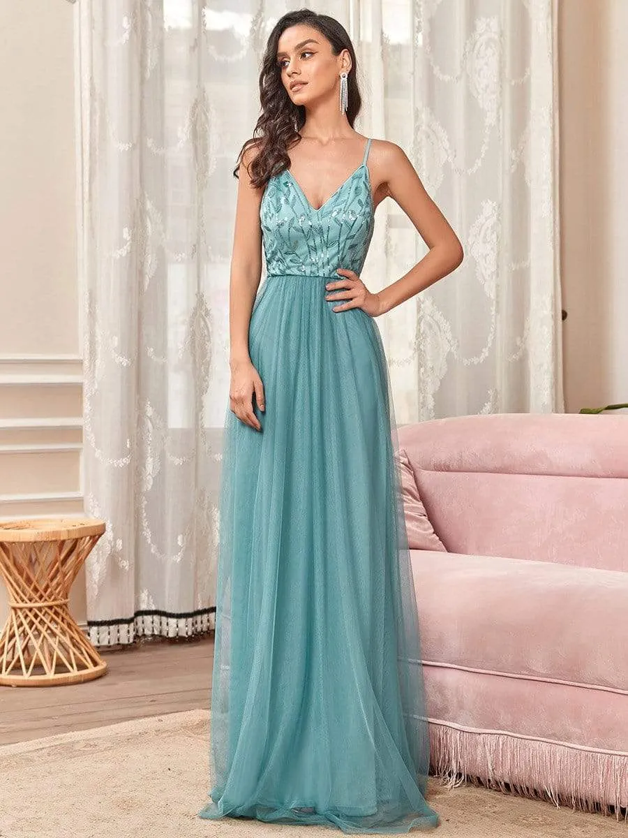 Soft Spaghetti Straps V-Neck Embroidery Evening Dress