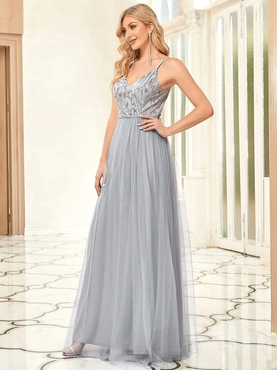 Soft Spaghetti Straps V-Neck Embroidery Evening Dress