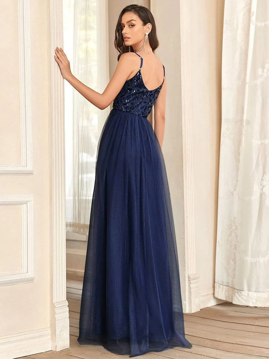 Soft Spaghetti Straps V-Neck Embroidery Evening Dress