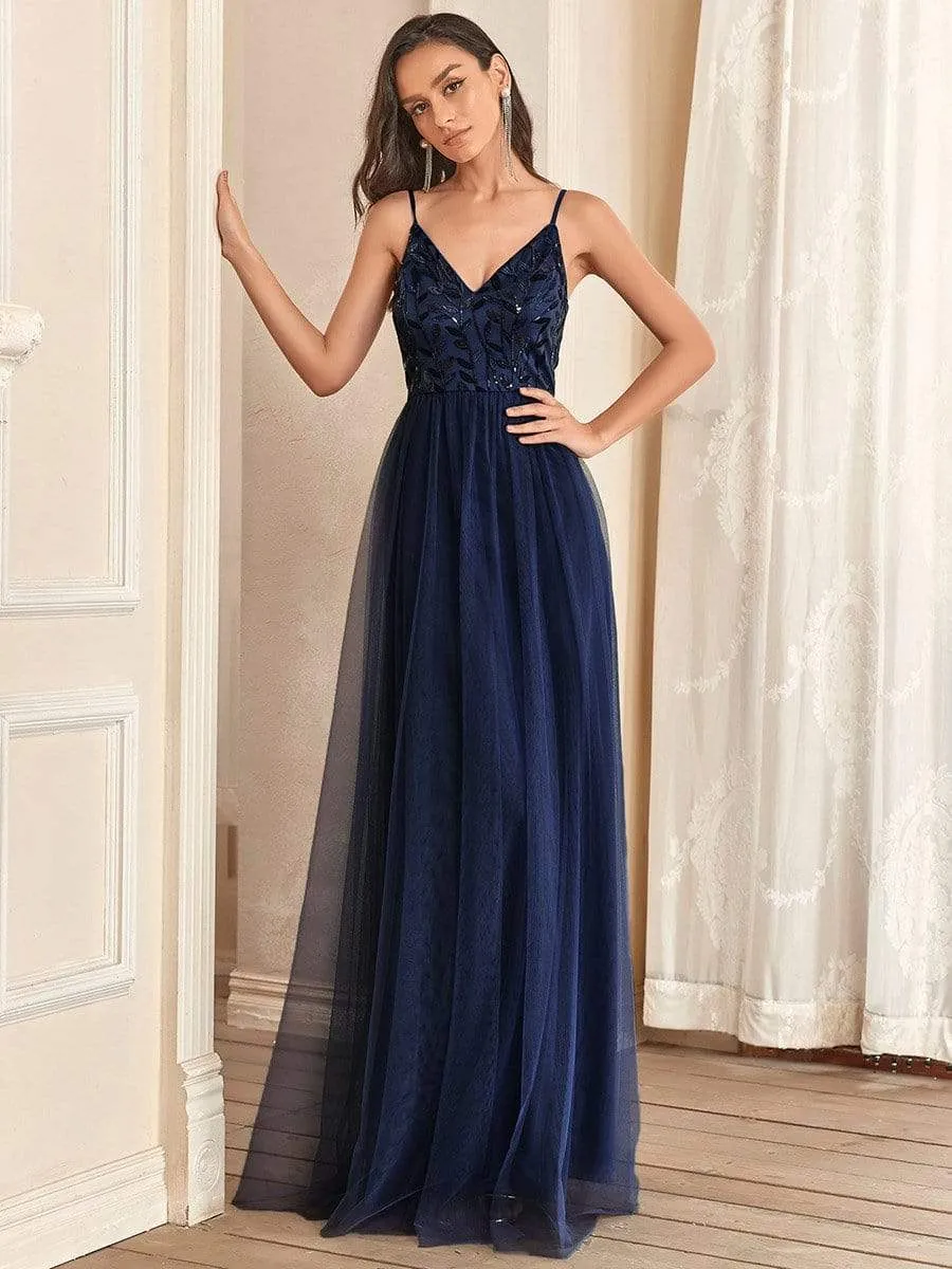 Soft Spaghetti Straps V-Neck Embroidery Evening Dress