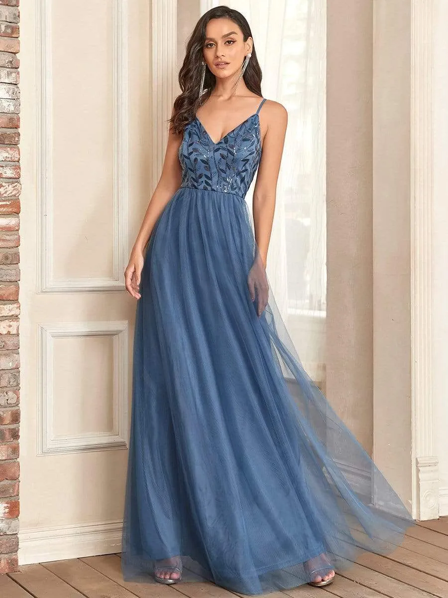 Soft Spaghetti Straps V-Neck Embroidery Evening Dress