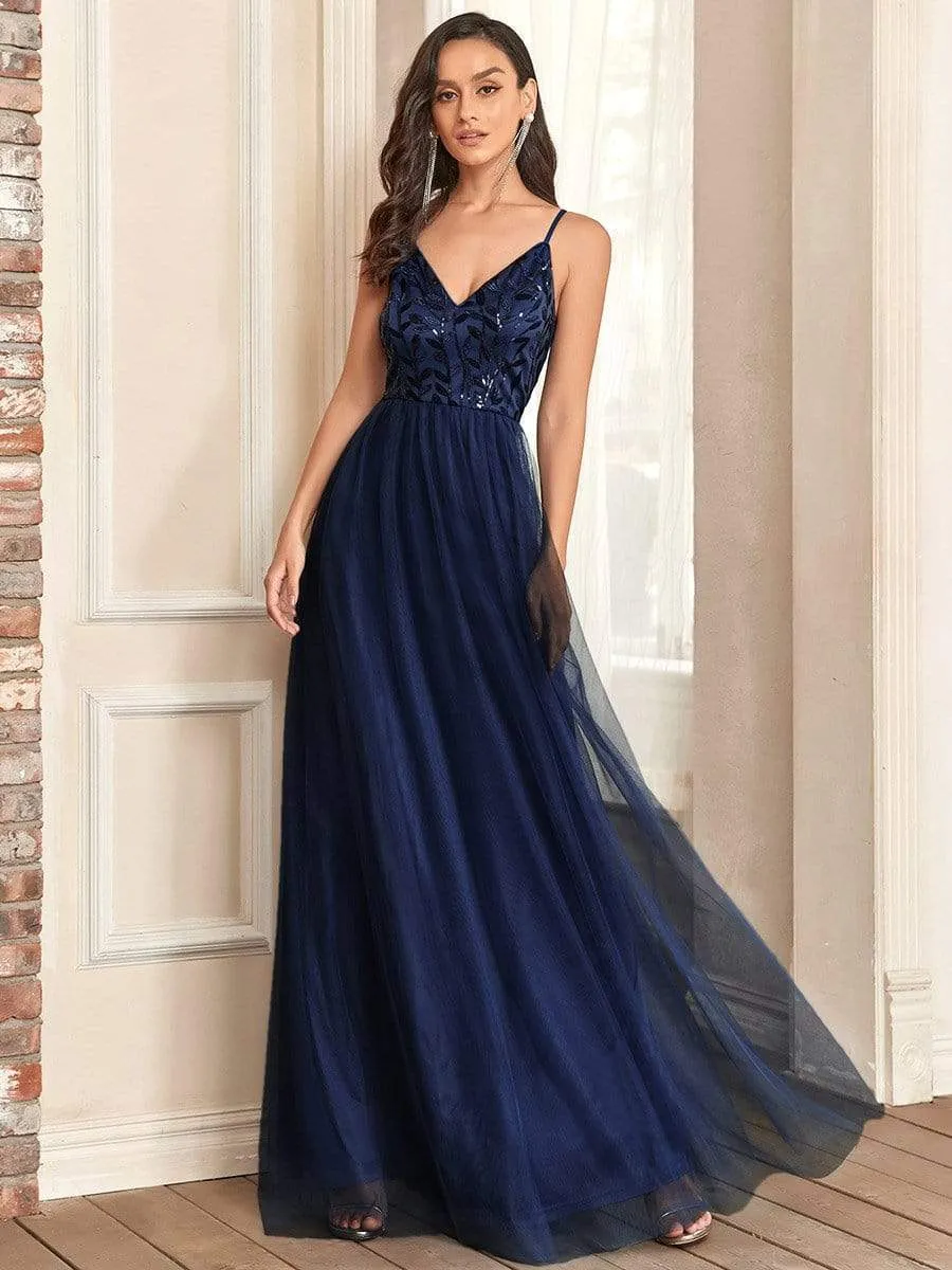 Soft Spaghetti Straps V-Neck Embroidery Evening Dress