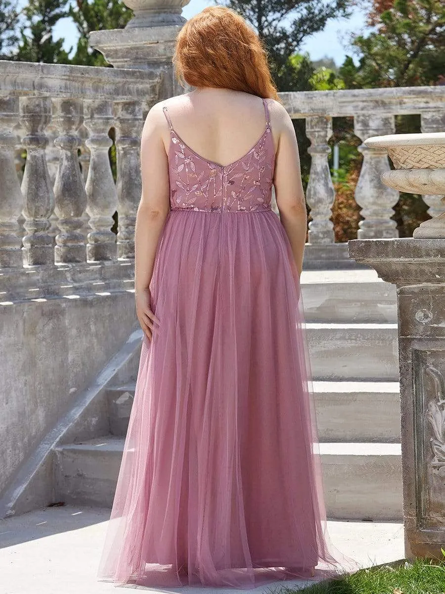 Soft Spaghetti Straps V-Neck Embroidery Evening Dress