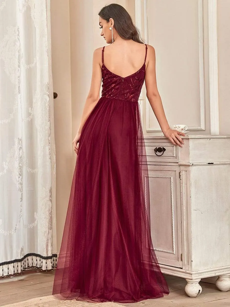 Soft Spaghetti Straps V-Neck Embroidery Evening Dress