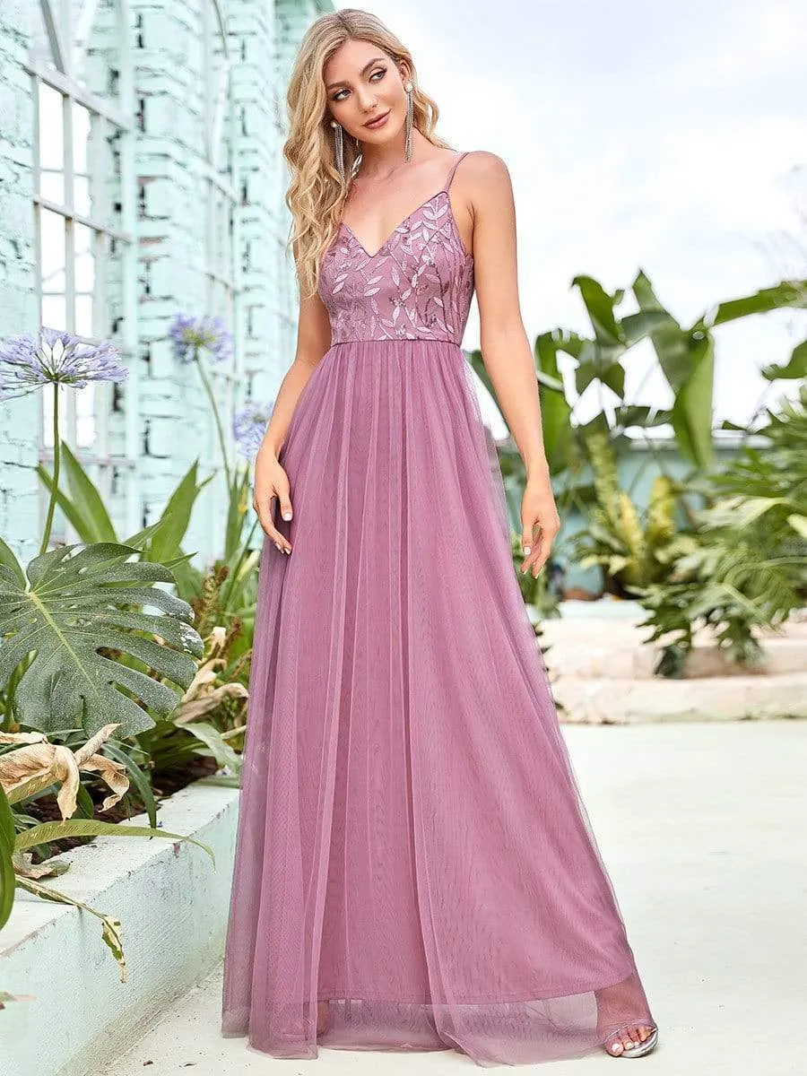 Soft Spaghetti Straps V-Neck Embroidery Evening Dress