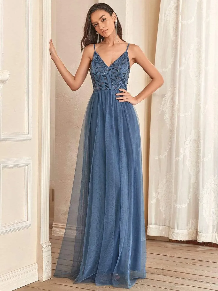 Soft Spaghetti Straps V-Neck Embroidery Evening Dress