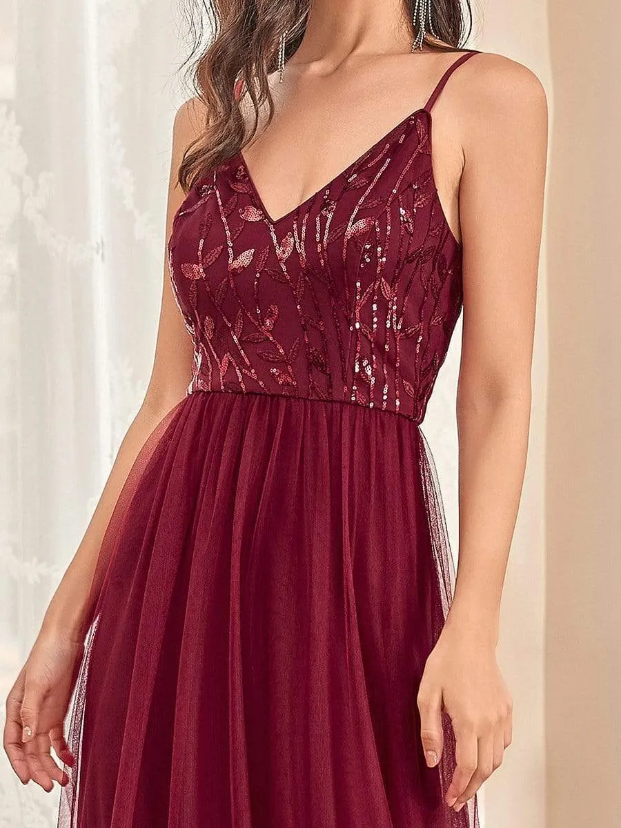 Soft Spaghetti Straps V-Neck Embroidery Evening Dress