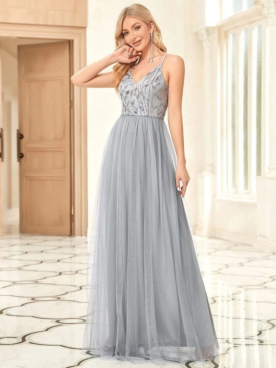 Soft Spaghetti Straps V-Neck Embroidery Evening Dress