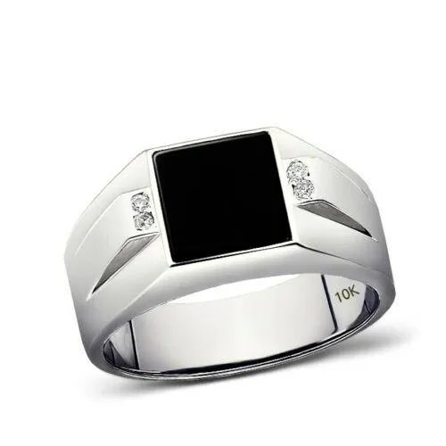 Solid 10K White Gold Estate Geometric Vintage Design Mens Onyx and Diamond Ring