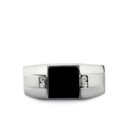 Solid 10K White Gold Estate Geometric Vintage Design Mens Onyx and Diamond Ring