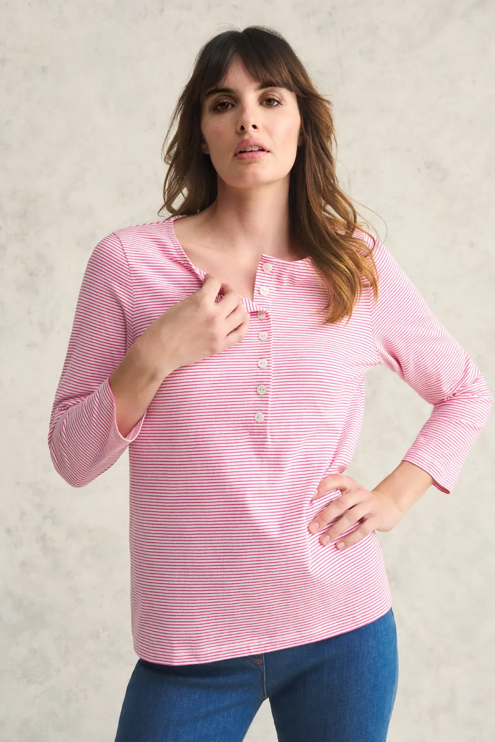 Stripe Henley T-Shirt - White Fushia Stripe