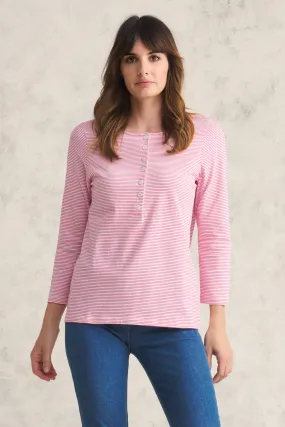 Stripe Henley T-Shirt - White Fushia Stripe