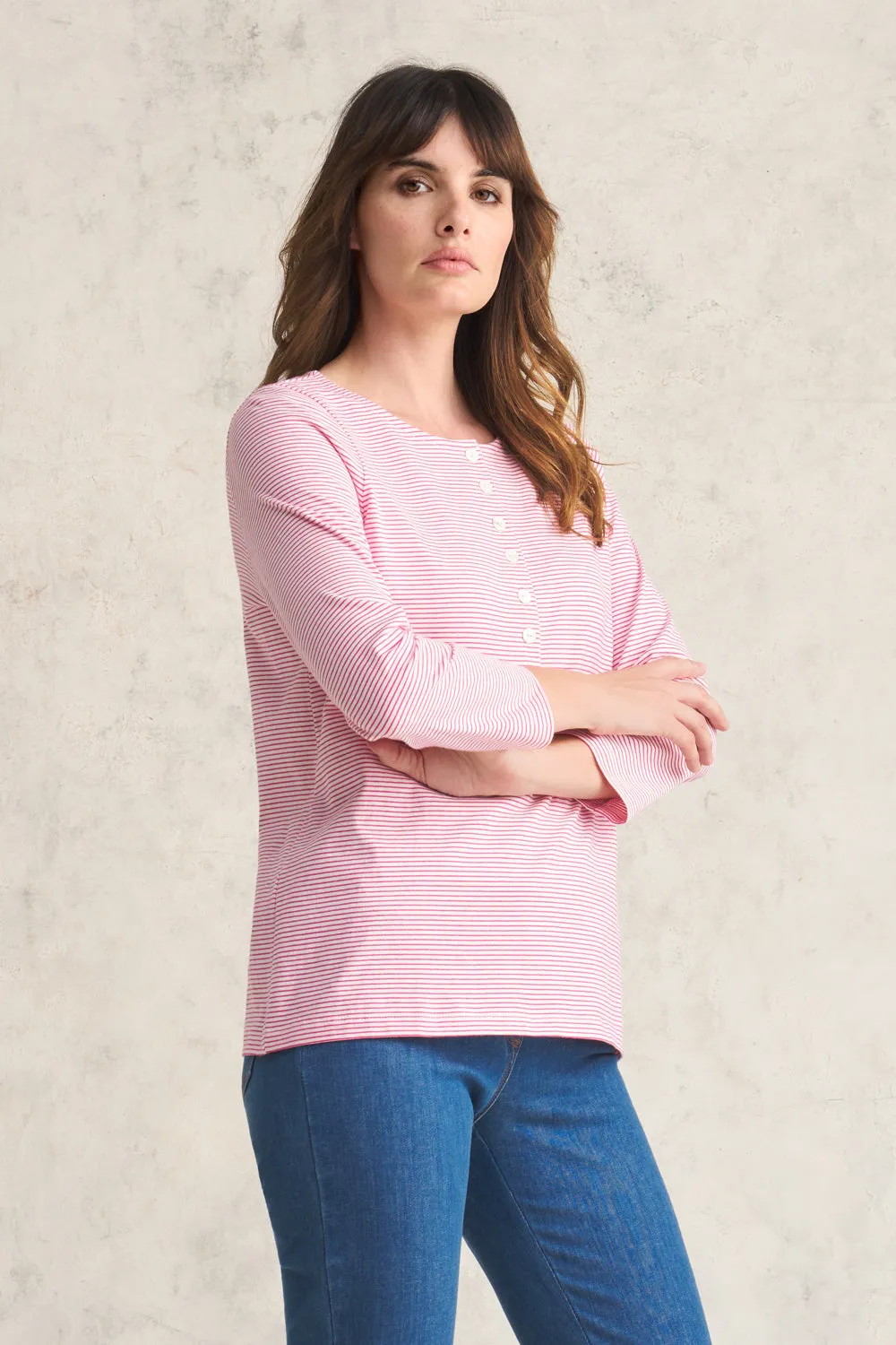 Stripe Henley T-Shirt - White Fushia Stripe