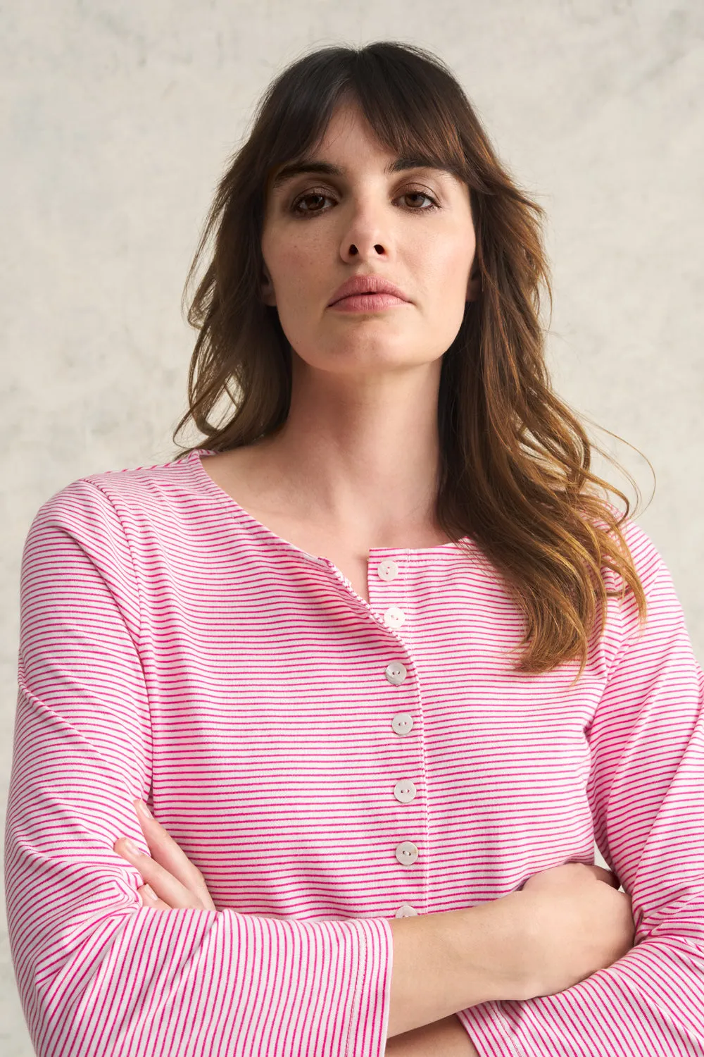 Stripe Henley T-Shirt - White Fushia Stripe