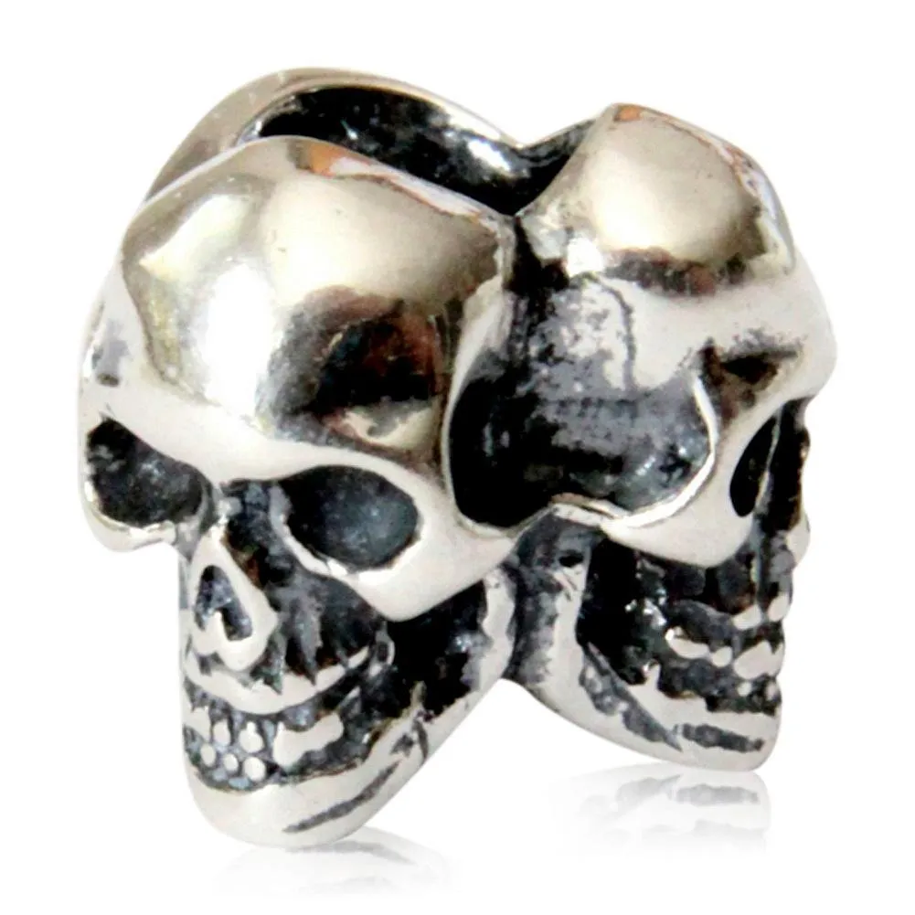 Triple Skull Charm - 925 Sterling Silver European Style Bracelet Bead - Fits: Pandora, Chamilia & Compatible Brands