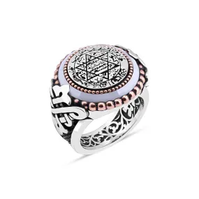 White Onyx Around Enameled Solomon's Seal Circle Silver Men's Ring Siding Triangular Braid